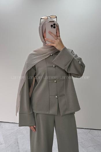 Lamelif Birit Düğmeli Pantolonlu Örme Takım Açık Haki