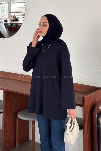 Navy Blue Crew Neck Long Arm Without Accessories Unprinted Blouse