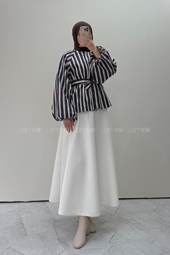 Lamelif Çizgi Detaylı Bağlamalı Ceket Lacivert