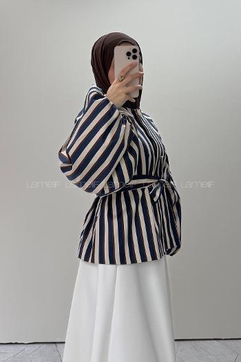 Lamelif Çizgi Detaylı Bağlamalı Ceket Lacivert