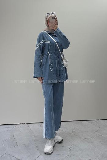 Lamelif Çizgi Detaylı Kot İkili Takım Mavi