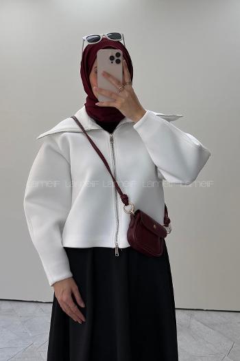 Lamelif Fermuarlı Scuba Ceket Beyaz
