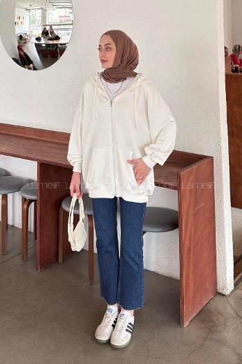 White Hood Neck Long Arm Cardigan