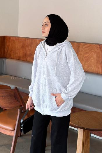 Gray Hood Neck Long Arm Cardigan