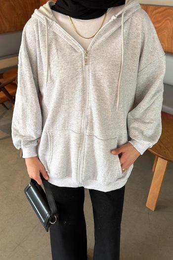 Gray Hood Neck Long Arm Cardigan
