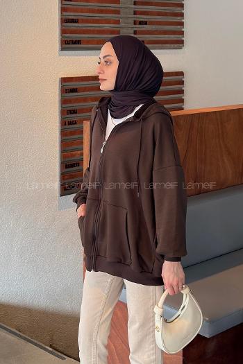 Brown Hood Neck Long Arm Cardigan
