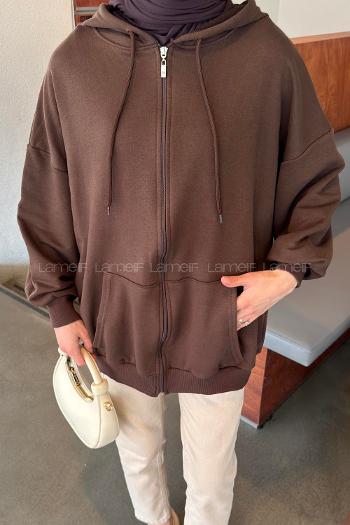 Brown Hood Neck Long Arm Cardigan