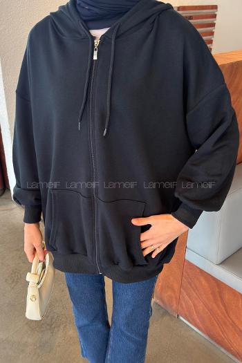 Navy Blue Hood Neck Long Arm Cardigan