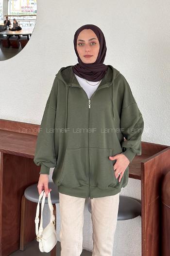 Green Hood Neck Long Arm Cardigan