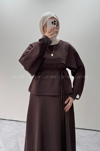Lamelif Şal Detaylı Etekli Örme Takım Acı Kahve
