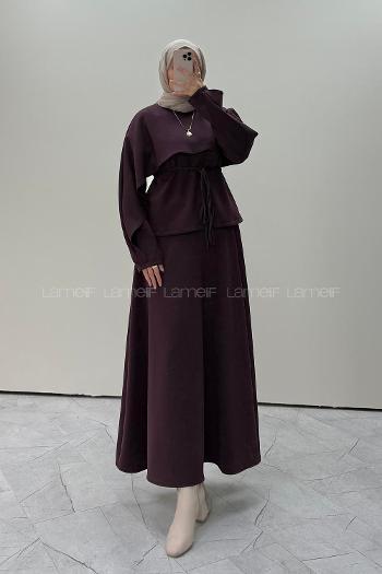 Lamelif Şal Detaylı Etekli Örme Takım Mürdüm