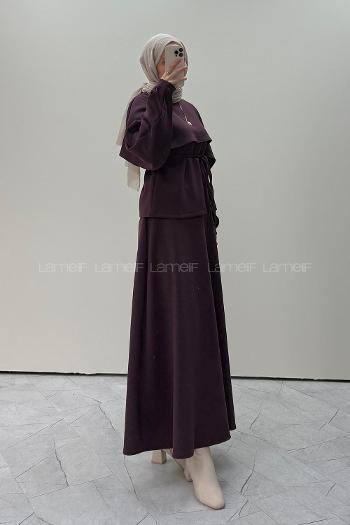 Lamelif Şal Detaylı Etekli Örme Takım Mürdüm