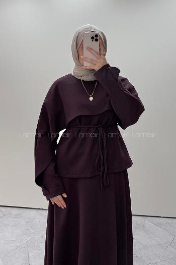 Lamelif Şal Detaylı Etekli Örme Takım Mürdüm