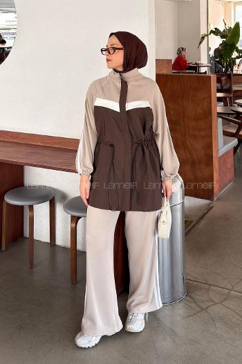 Lamelif Şerit Detaylı Spor İkili Takım Bej Toprak