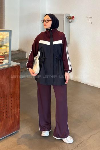 Lamelif Şerit Detaylı Spor İkili Takım Bordo