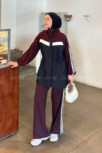 Lamelif Şerit Detaylı Spor İkili Takım Bordo