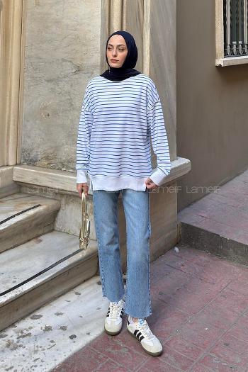 Lamelif Bisiklet Yaka Çizgili Sweatshırt Mavi