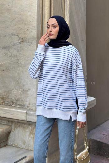 Lamelif Bisiklet Yaka Çizgili Sweatshırt Mavi