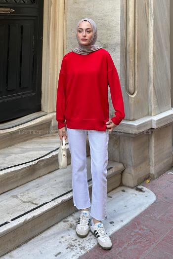 Lamelif Bisiklet Yaka Sweatshırt Kırmızı