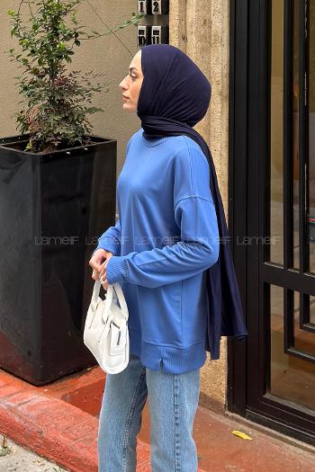 Lamelif Bisiklet Yaka Sweatshırt Mavi