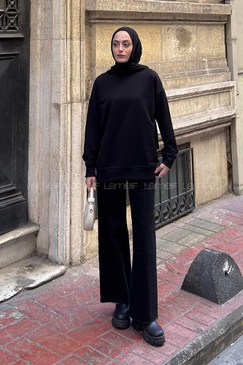 Lamelif Bisiklet Yaka Sweatshırt Siyah