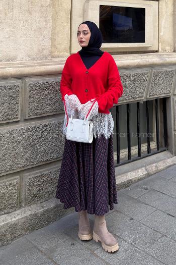 Red V Neck Long Arm Cardigan