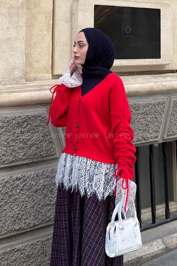 Red V Neck Long Arm Cardigan