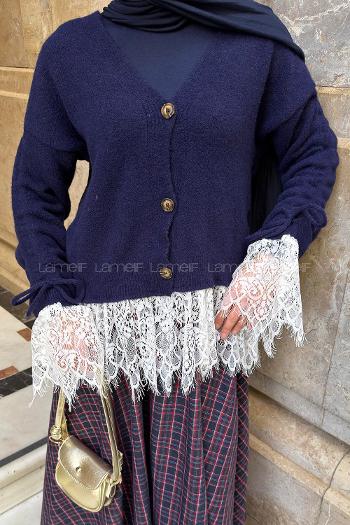 Navy Blue V Neck Long Arm Cardigan