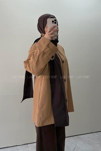 Lamelif Dik Yaka Şal Detaylı Ceket Camel