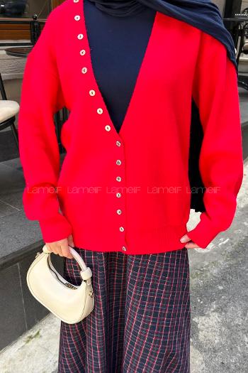 Red V Neck Long Arm Cardigan