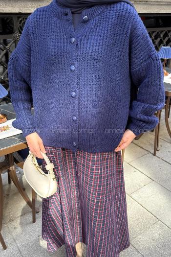 Navy Blue Crew Neck Long Arm Knitwear Cardigan