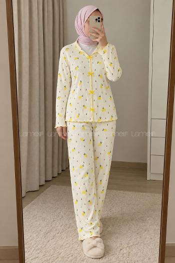 Lamelif Fiyonk Detaylı Ananas Desenli Kaşkorse Pijama Takımı
