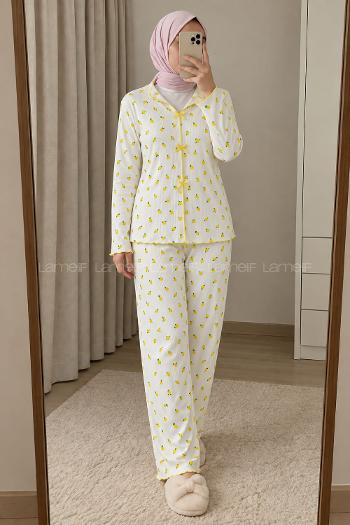 Lamelif Fiyonk Detaylı Limon Desenli Kaşkorse Pijama Takımı