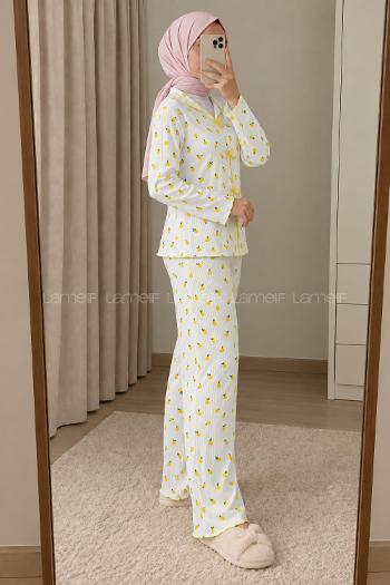 Lamelif Fiyonk Detaylı Limon Desenli Kaşkorse Pijama Takımı