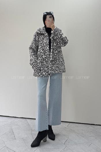 Lamelif Leopar Desenli Kürk Ceket Beyaz
