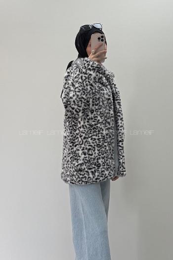 Lamelif Leopar Desenli Kürk Ceket Beyaz