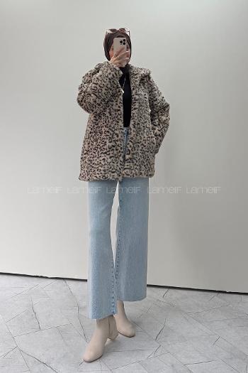 Lamelif Leopar Desenli Kürk Ceket Sütlü Kahve