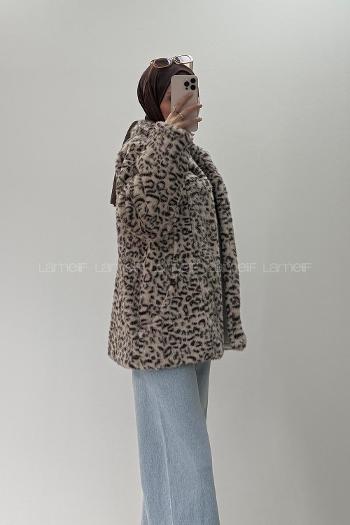 Lamelif Leopar Desenli Kürk Ceket Sütlü Kahve