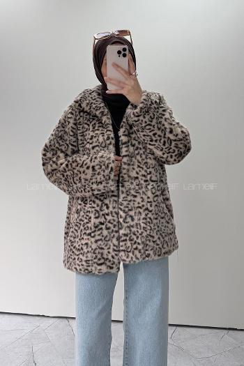 Lamelif Leopar Desenli Kürk Ceket Sütlü Kahve