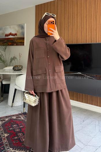 Lamelif Cep Detaylı Düğme Kapamalı Ceket İkili Takım Acı Kahve