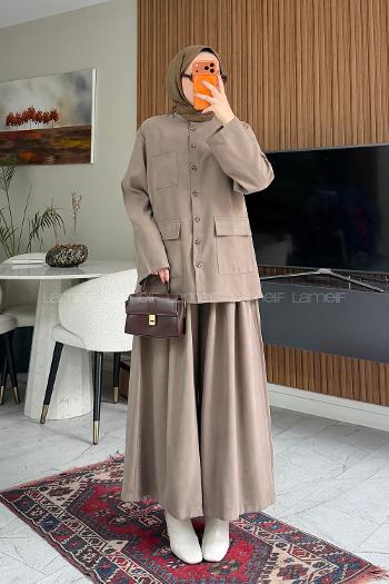Lamelif Cep Detaylı Düğme Kapamalı Ceket İkili Takım Vizonrengi