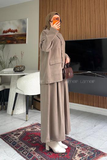 Lamelif Cep Detaylı Düğme Kapamalı Ceket İkili Takım Vizonrengi