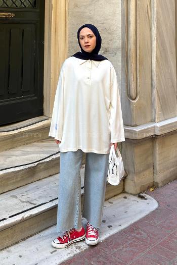 Lamelif Düğmeli Polo Yaka Oysho Kumaş Tunik Ekru