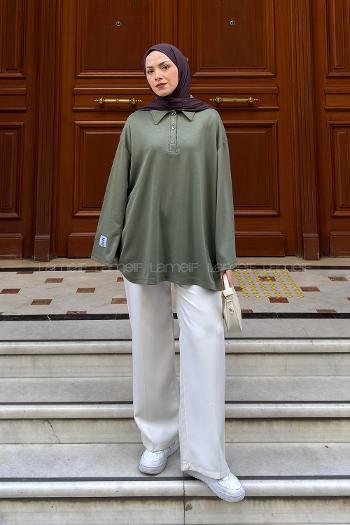 Lamelif Düğmeli Polo Yaka Oysho Kumaş Tunik Yeşil