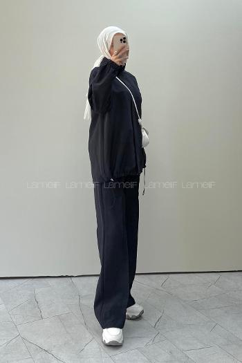 Navy Blue Neckband Long Arm Parachute Fabric Regular Trousers Comfortable Suit