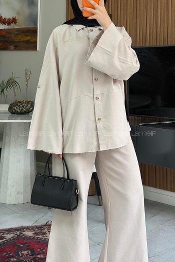 Lamelif Gömlek Yaka Arka Düğme Aksesuarlı İkili Takım Taş Rengi
