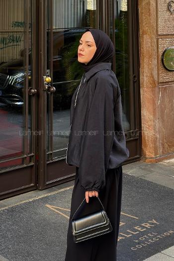 Lamelif Gömlek Yaka Kol Ve Etek Ucu Lastikli Ceket Siyah