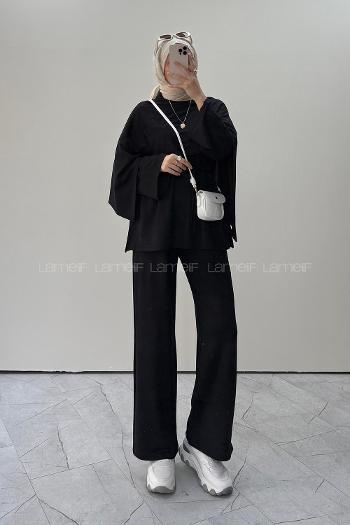 Black Crew Neck Long Arm Without Accessories Regular Trousers Suit