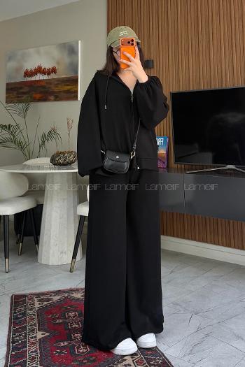 Lamelif Regular Fit Kapüşonlu Fermuarlı Hırka İkili Takım Siyah