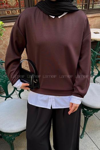 Lamelif Sweat Gömlek Garnili Tunik Kahve